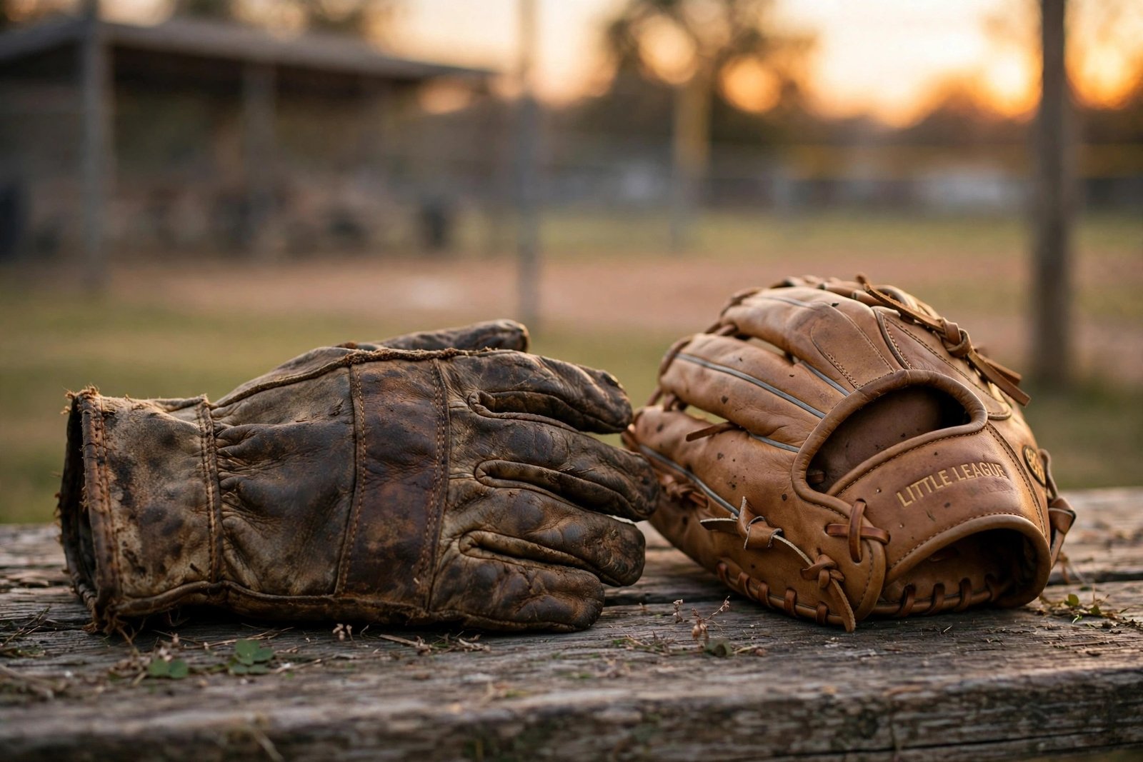 A work glove and a youth baseball glove side by side on a bench